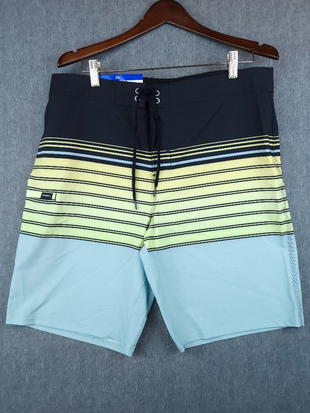 ONeill Striped Boardshorts Black Yellow Blue Performance Swim Trunks